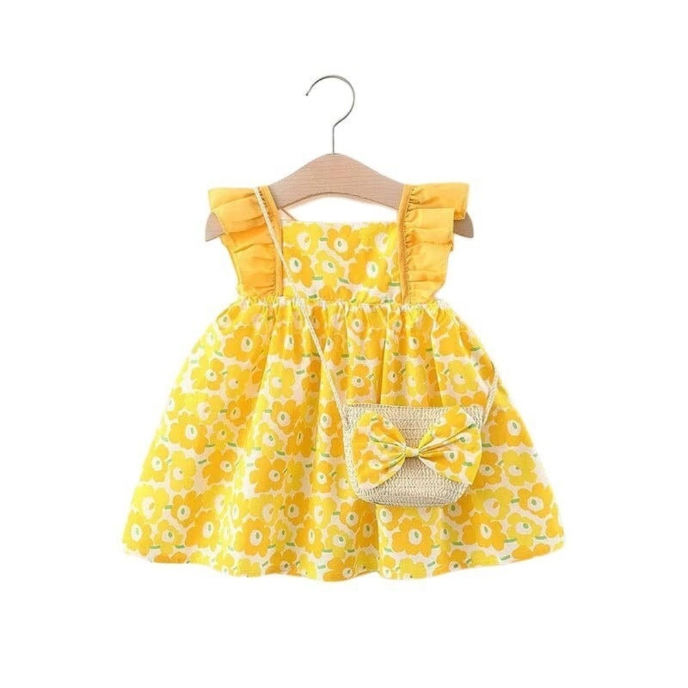 Newborn Girl Yellow Cotton Dress with Matching Bags – Size 9-12 Months